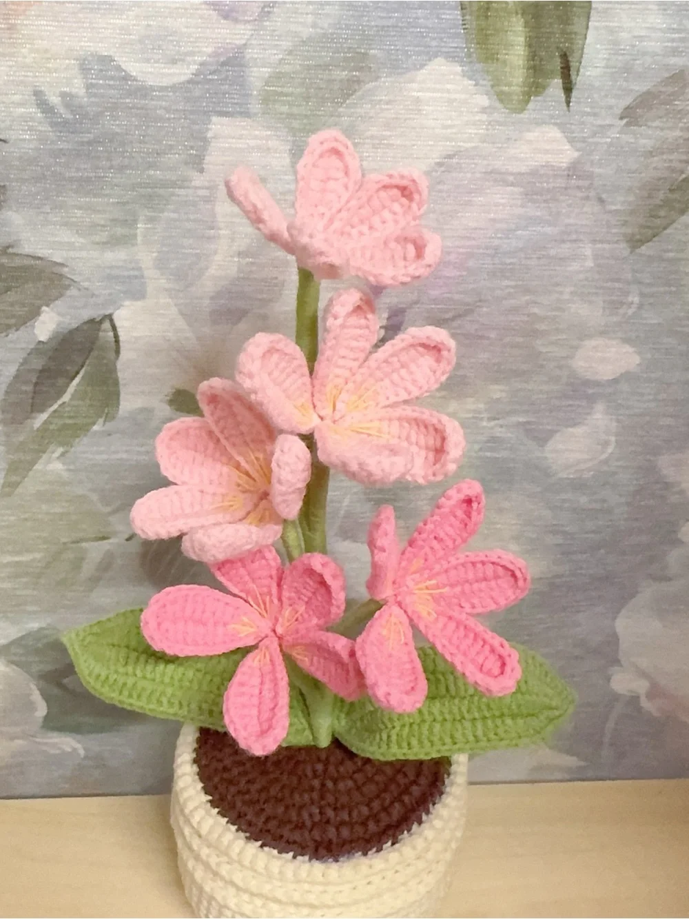 Handmade Pink Crochet Flower Plant in Cream Pot - Home Accents
